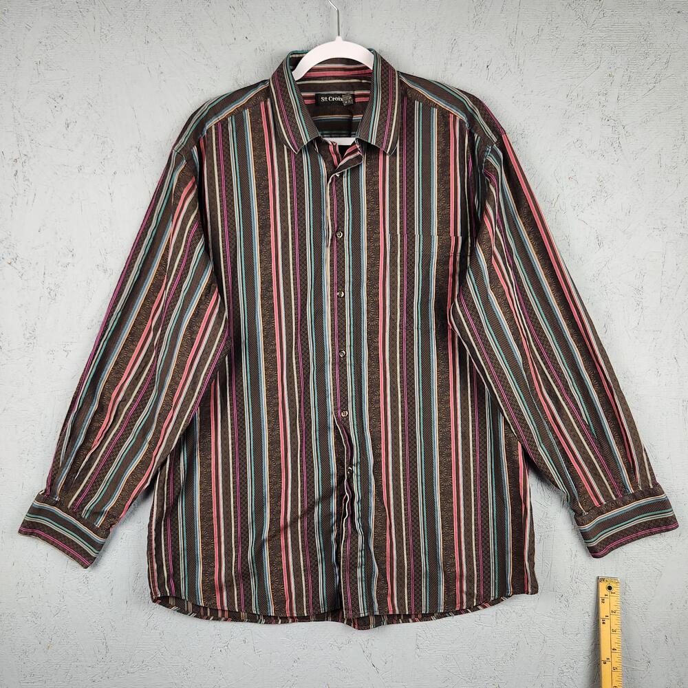 St Croix Shirt Mens XL Brown Multicolor Stripe Cotton Made In Italy Preppy Dress